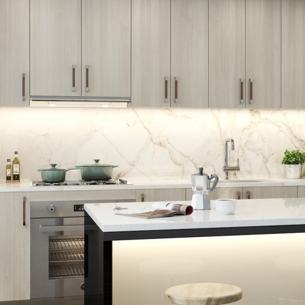 Kitchen interior at The Seymour with oak cabinetry